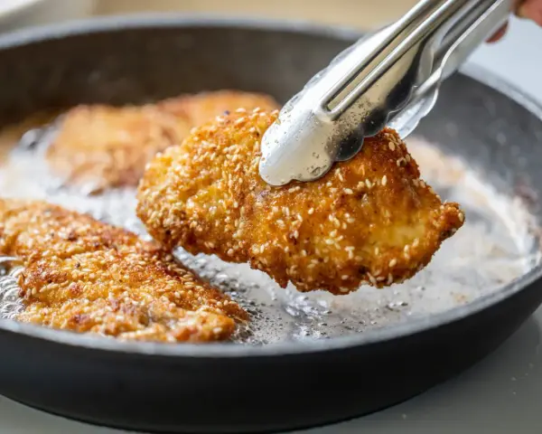 Une escalope de dinde panée aux graines de sésame est retournée dans une poêle avec de l'huile chaude.