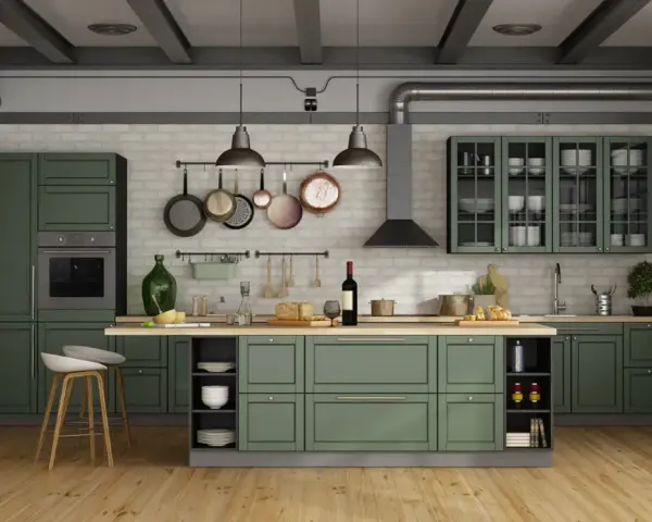 Cucina moderna con ante verdi, ideale per chi vuole rinnovare le ante della cucina con stile industriale.