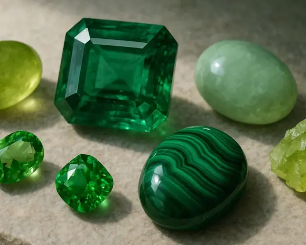 A collection of green gemstones, including a large emerald, showcasing the emerald meaning spiritual connection and growth.
