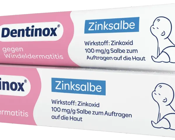 Zwei Tuben Dentinox Zinksalbe gegen Windeldermatitis. Ideal für den empfindlichen Intimbereich.