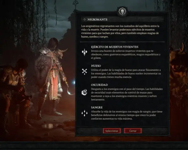 Clases de Diablo 4: Nigromante, que invoca muertos vivientes, usa magia de hueso, oscuridad y sangre.