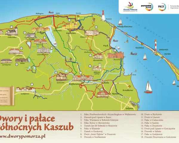 Mapa turystyczna prezentująca dwory i pałace na Kaszubach, z zaznaczonymi szlakami rowerowymi i pieszymi.