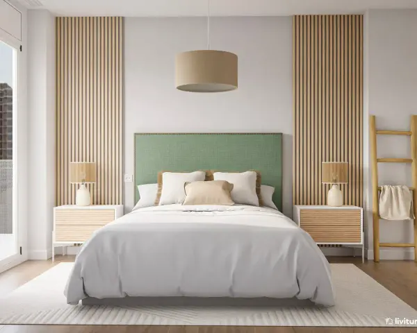 Acogedor dormitorio verde y madera con cabecero tapizado, mesitas de noche de madera y lámparas.
