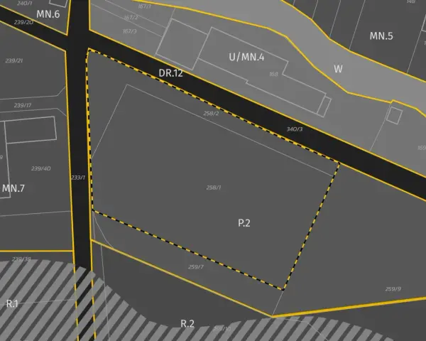 Mapa ewidencyjna z oznaczeniem użytku b, działki P.2, DR.12, MN.5, MN.6, MN.7, U/MN.4, R.1, R.2.
