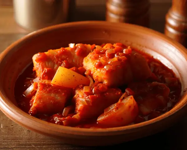 Bacalao a la vizcaina en cazuela de barro, con trozos de pimiento y cebolla en una salsa roja.