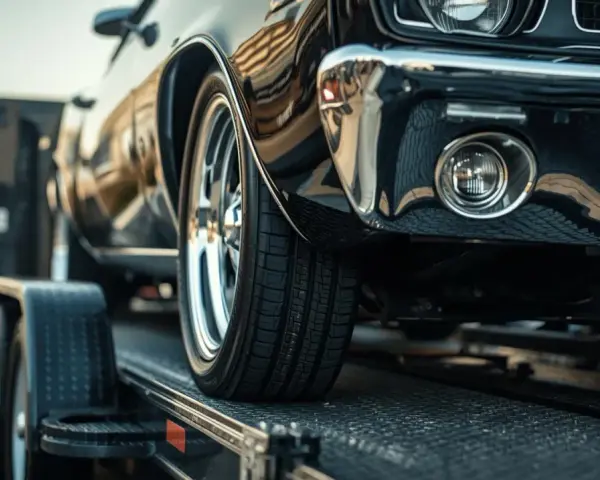 Czarne auto na lawecie, widoczna przednia część i koło.