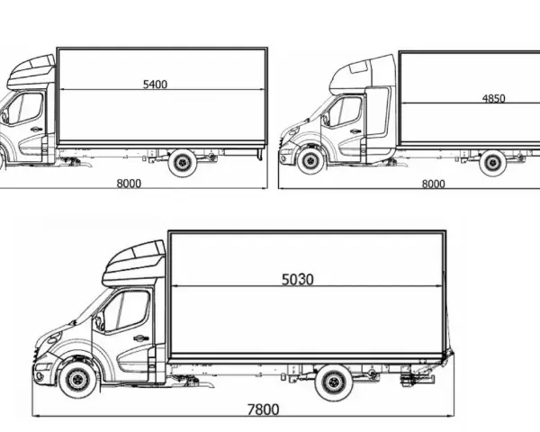 Rysunki techniczne pokazują różne warianty zabudowy Renault Master, z podanymi wymiarami całkowitej długości i długości przestrzeni ładunkowej.