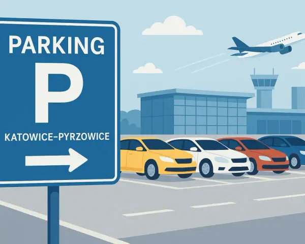 Znak "Parking Katowice-Pyrzowice" obok rzędu samochodów i samolotu startującego z lotniska.