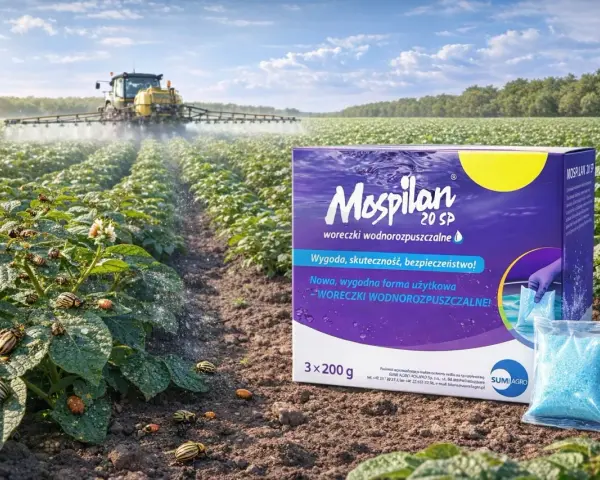 Pole ziemniaków opanowane przez stonkę. Traktor opryskuje plantację, a obok pudełko Mospilan 20 SP, który chroni przed szkodnikami.
