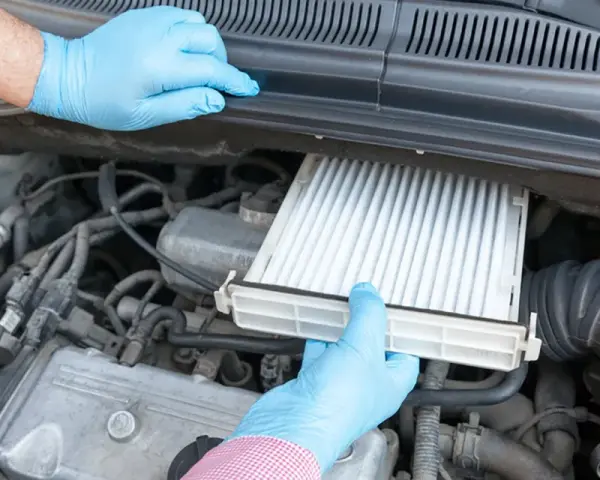 Ręce w niebieskich rękawiczkach wyjmują nowy filtr kabinowy z komory silnika. Wymiana filtra kabinowego to prosty sposób na czyste powietrze w aucie.