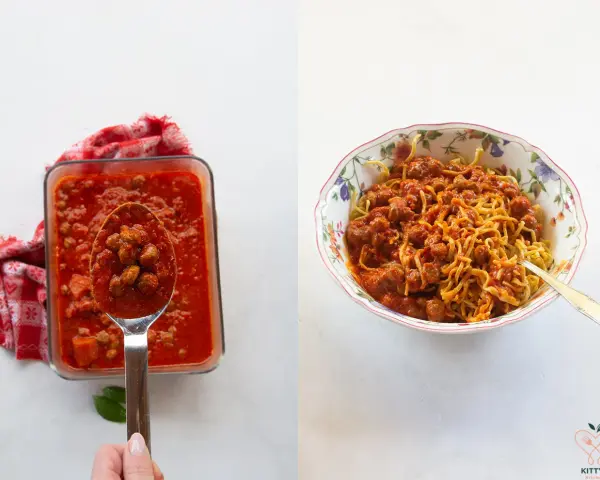 Chitarra alla teramana con polpettine in sugo rosso, un piatto ricco e saporito.