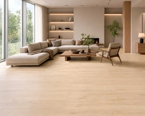 Suelos de madera clara, ideales para casas modernas, crean un ambiente cálido y luminoso en este salón minimalista.