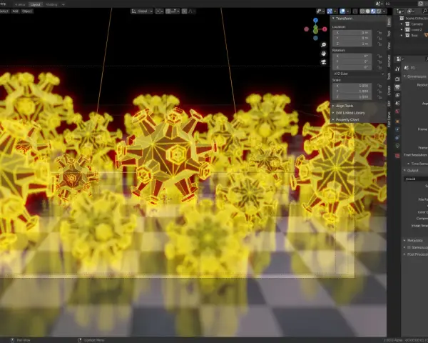 Wizualizacja wirusów w programie **blender program**. Żółte, krystaliczne obiekty wirusów unoszą się nad szachownicą.