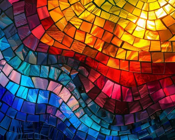 Buntes Mosaik aus Glassteinen, das an einen Regenbogen erinnert. Die Farbenvielfalt symbolisiert Hoffnung und Neuanfang, die Regenbogen Bedeutung.