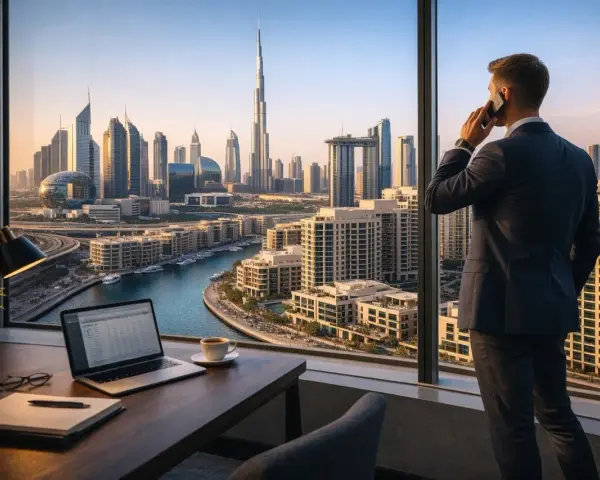 Biznesmen rozmawia przez telefon, patrząc na panoramę Dubaju. Na biurku laptop, kawa i notatnik. To symbol nowoczesnej pracy w Dubaju.