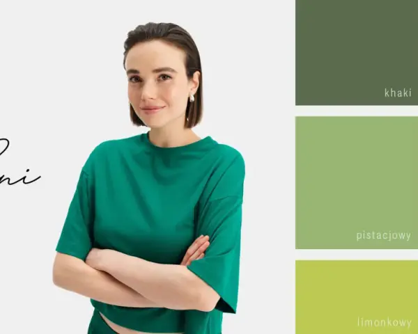 Modelka w zielonej bluzce prezentuje paletę odcieni zieleni: khaki, pistacjowy, limonkowy, butelkową zieleń i szmaragdowy.