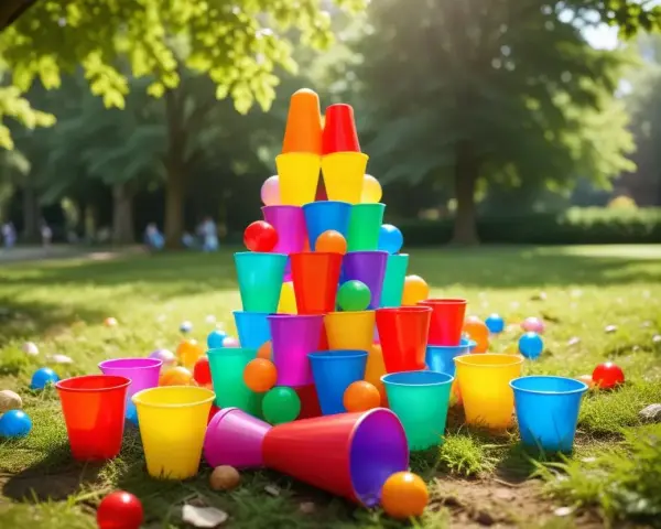 Färgglada plastmuggar staplade i en pyramid, redo för en klassisk femkamp i parken. Bollar ligger utspridda på gräset.