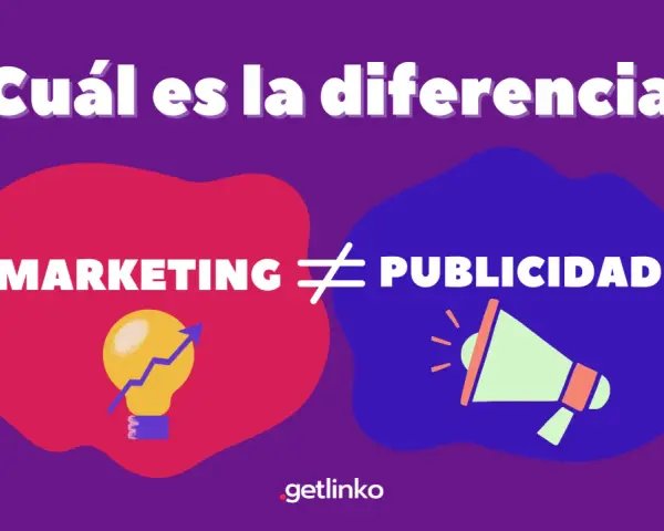 ¿Cuál es la diferencia? Marketing (bombilla con flecha ascendente) ≠ Publicidad (megáfono). Una guía visual para entender el marketing y la publicidad.