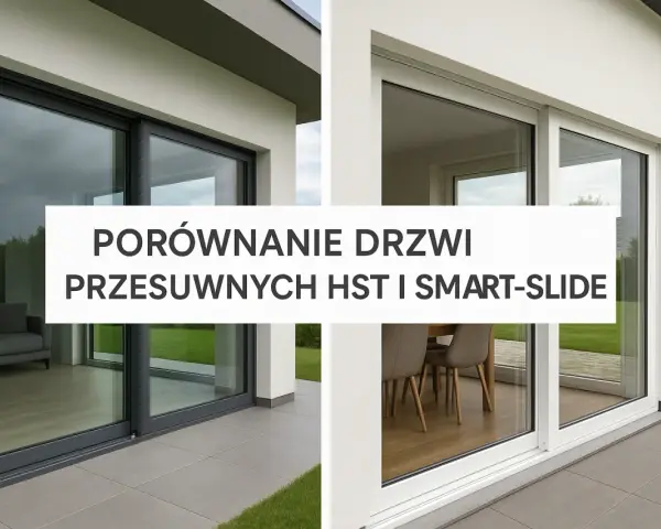Porównanie drzwi przesuwnych HST i Smart-Slide. Dwa nowoczesne domy z dużymi przeszkleniami, ukazujące różne modele okien.