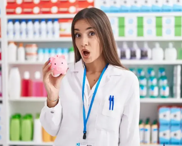 Zaskoczona farmaceutka trzyma skarbonkę, zastanawiając się, ile zarabia technik farmacji.