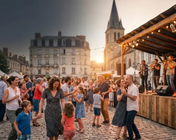 Gente bailando en una plaza adoquinada durante la fiesta de la música en Francia. Una banda toca en un escenario iluminado, con edificios históricos y una iglesia al fondo.