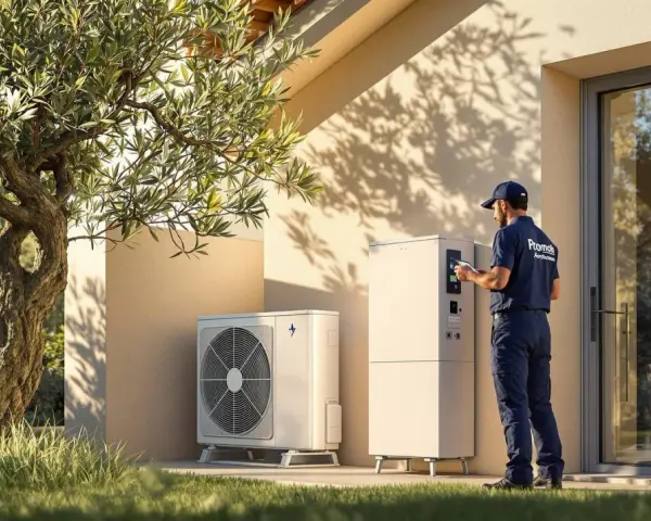Técnico revisa sistema de aerotermia R290 junto a una casa moderna.