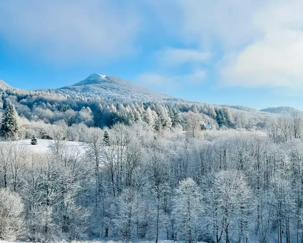 Bieszczady zimą. Ośnieżone drzewa i góry pod błękitnym niebem. W oddali widać mały domek.