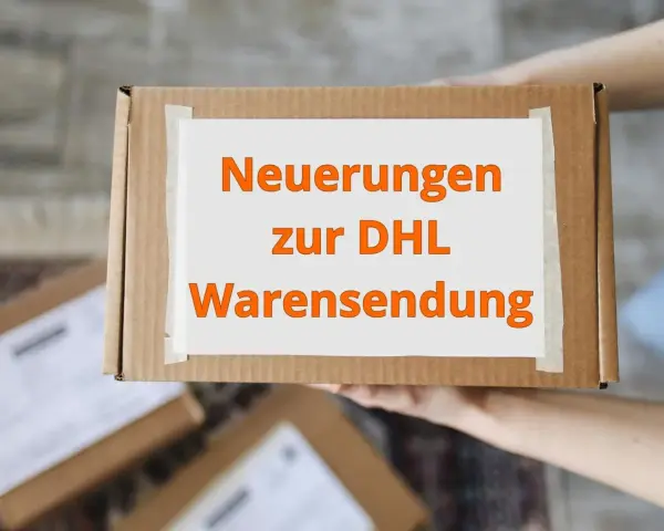 Paket mit Aufschrift "Neuerungen zur DHL Warensendung" wird von Händen gehalten.