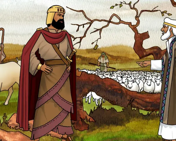 König Saul, der von einem Hirten mit einer Kuh begleitet wird, weist einen Mann an, der eine Schafherde hütet. 1. Samuel 15,3.