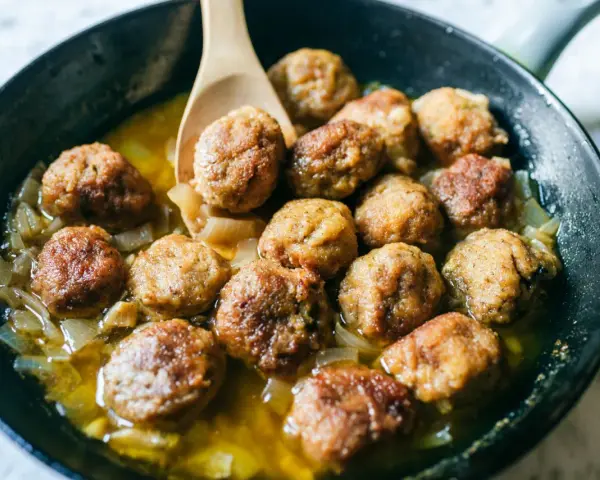 Polpette in bianco dorate e succulente, cotte in padella con cipolle dolci e un sughetto invitante.