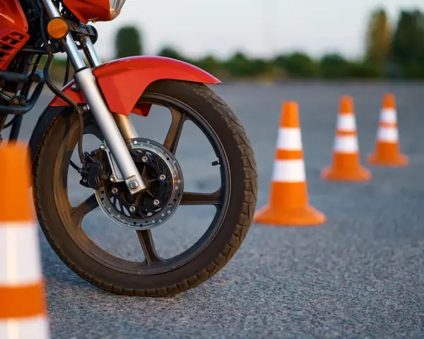 Czerwony motocykl i pomarańczowe pachołki na placu manewrowym. Przygotowanie do egzaminu na kategorie prawa jazdy na motor.