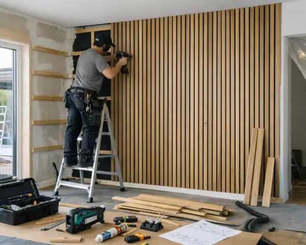 Man på en stege, som använder en spikpistol för att montera akustikpanel på en vägg. Verktyg och material ligger utspridda på golvet.
