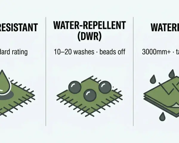 Unterschied wasserdicht und wasserfest: Illustrationen zeigen, wie Wasser abperlt (wasserabweisend) oder durchdringt (wasserfest).
