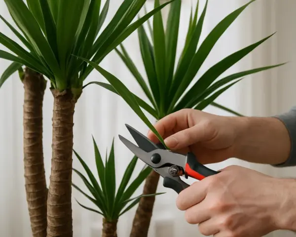Hände schneiden mit einer Gartenschere ein Blatt einer Yucca Palme.