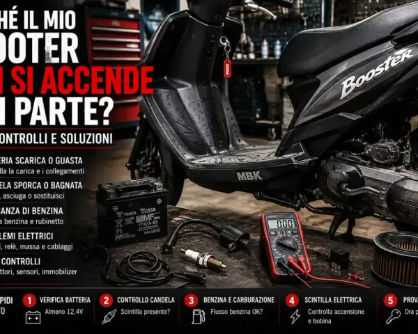 Il mio scooter non parte? Immagine mostra scooter, batteria, candela, multimetro e filtro aria, con testo che elenca cause e soluzioni per il motore che non parte.
