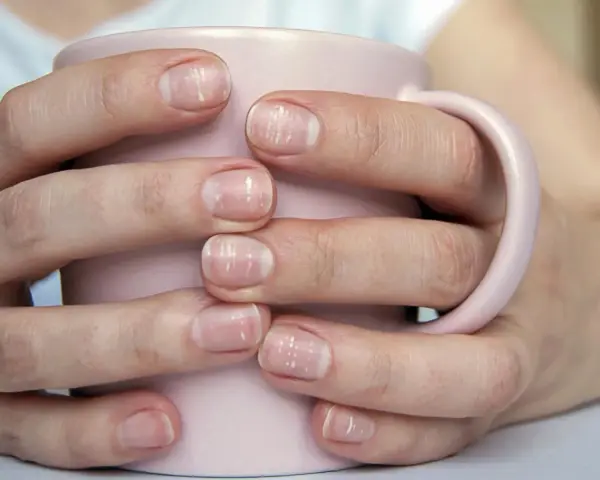Mani con unghie deboli e striature bianche, che sorreggono una tazza rosa. Cosa fare per rinforzarle.