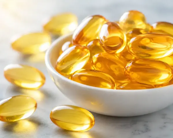 Capsule dorate piene di olio, che ricordano le proprietà omega 3, in una ciotola bianca e sparse sul piano.