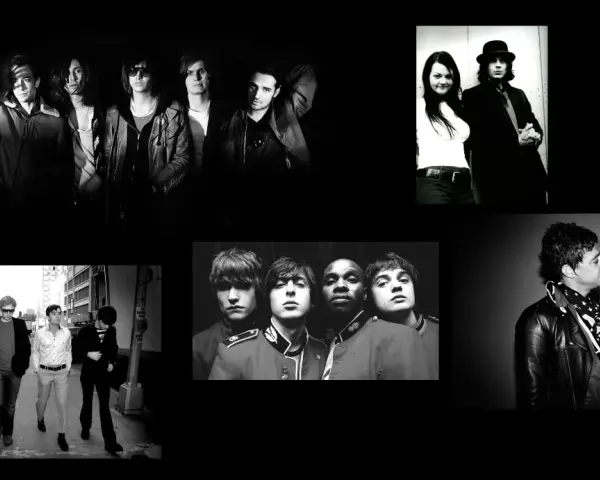 Un groupe rock français des années 2000, capturé dans des poses stylées, entre ombres et lumières.