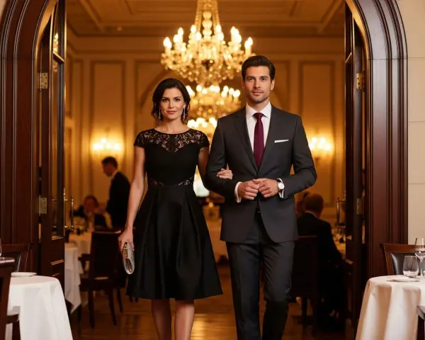 Elegancka para w hotelowej restauracji. Ona w czarnej sukience, on w garniturze. Idealny przykład, jak się ubrać na kolację w hotelu na wakacjach.