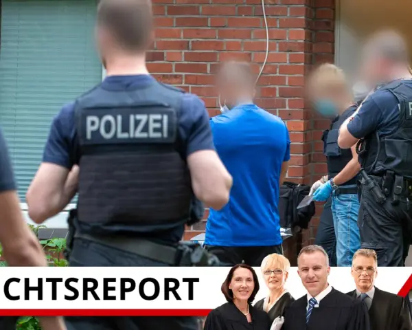 Polizisten bei einem Einsatz, der zu einer scheinbaren Strafe führt. Im Vordergrund Richter und Richterinnen.