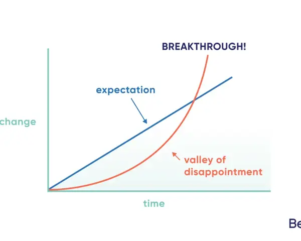 A graph showing how to get over disappointment. Expectation rises linearly, while the reality dips into a "valley of disappointment" before a breakthrough.