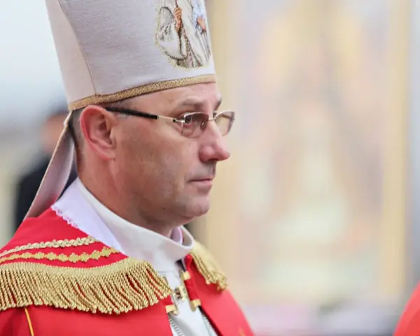 Biskup w stroju pontyfikalnym, z mitrą na głowie, w okularach. W tle widać fragment obrazu.