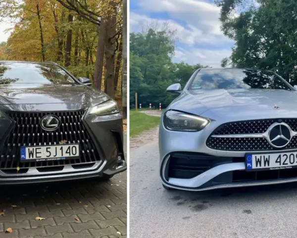 Szary Lexus NX 450h+ obok srebrnego Mercedesa. Jesień i lato w tle.