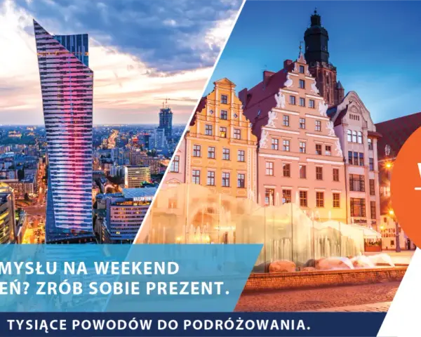 Warszawa i Wrocław nocą, połączone w kolażu. Idealne na weekendowy pociąg.
