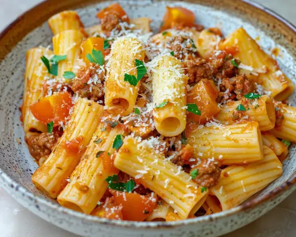 En skål med rigatoni pasta med en mustig köttfärssås och bitar av tomat. Toppad med riven parmesan och färsk persilja. Perfekt vin till salsiccia pasta.