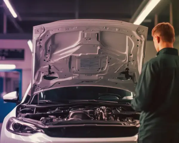 Meccanico esamina il motore aspirato di un'auto con il cofano aperto in un'officina.