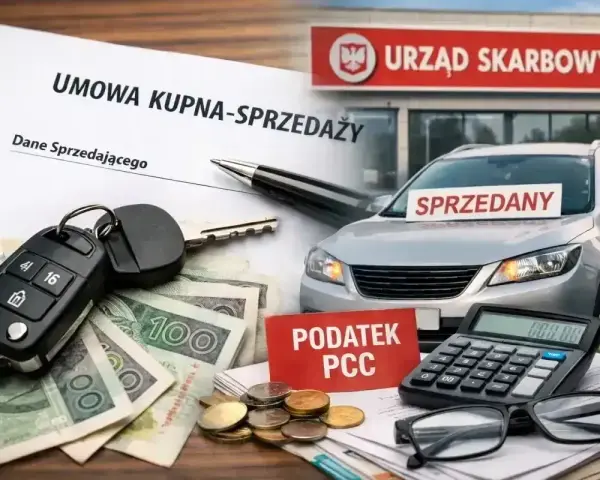 Umowa kupna-sprzedaży samochodu, kluczyki, pieniądze i tabliczka "Podatek PCC" przed Urzędem Skarbowym. Rozliczanie podatku od kupna auta online.