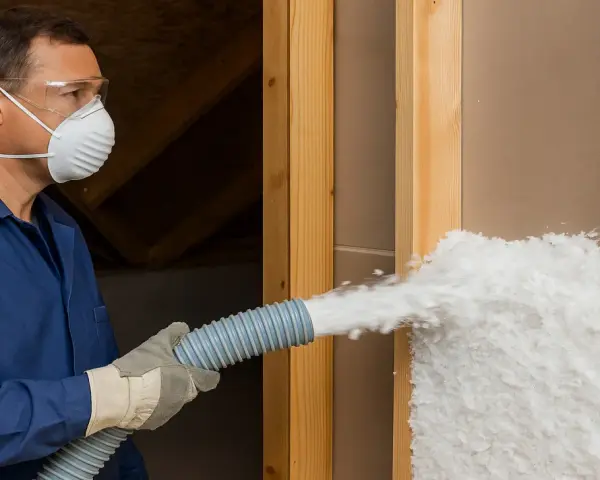 Operaio con maschera e occhiali insuffla materiale isolante. Attenzione: la lana di vetro è infiammabile.