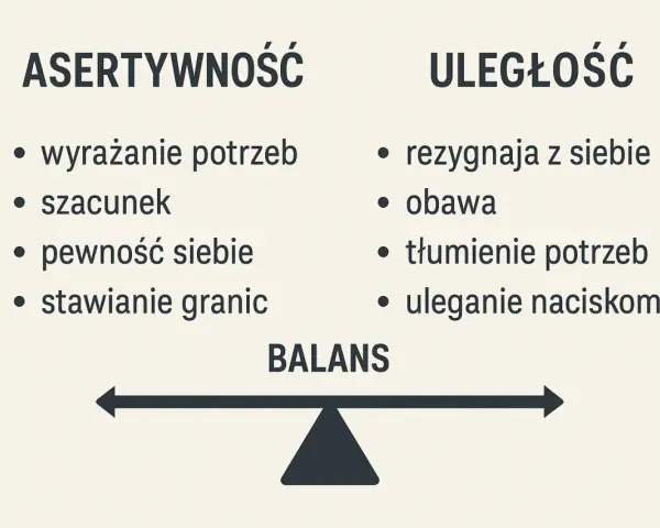 Asertywność to komunikacja bez agresji, wyrażanie potrzeb i stawianie granic. Uległość to rezygnacja z siebie i tłumienie potrzeb.