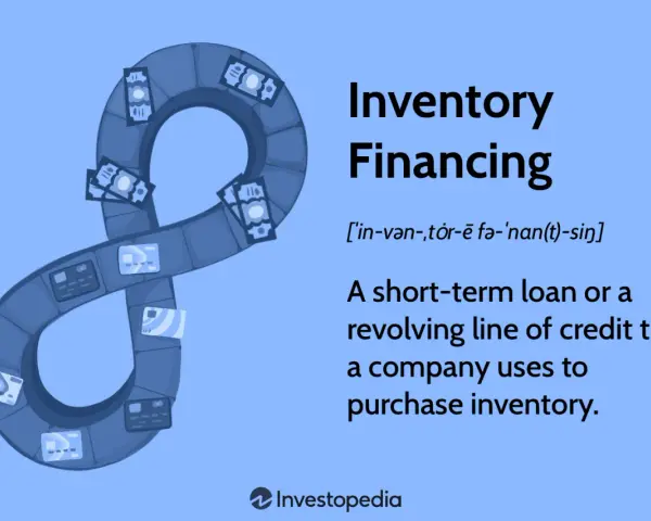 A blue infinity symbol made of blocks, with cash and credit cards on it, illustrates inventory financing.